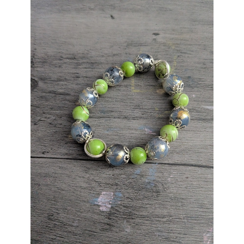Boho Beaded Stretch Bracelet Lime Green Blue Grey Gold Swirl Silver Filigree